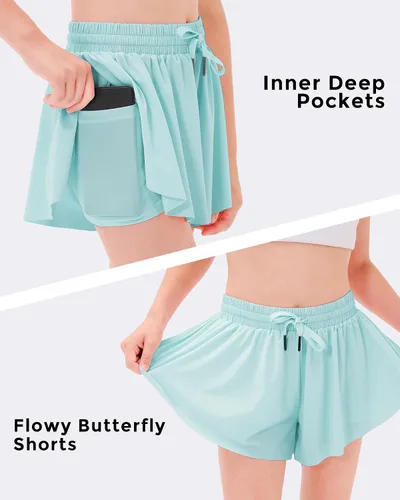Vista 4 de Stelle Pantalones cortos con vuelo de mariposa para niñas, pantalones cortos atléticos para correr con bolsillos interiores 2 en 1, pantalones