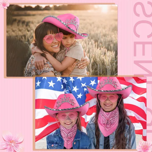 Vista 3 de Zhanmai 12 piezas de sombrero de vaquera con lentes de corazón y bandana con corona de tiara