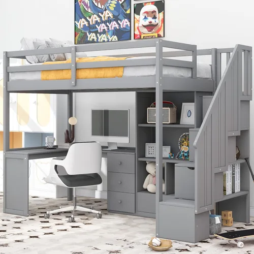 Vista 16 de Quarte Cama tipo loft única con cajones de almacenamiento y escaleras, cama alta de madera tamaño individual con estantes y barandillas, para niños