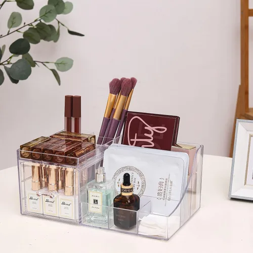 Vista 5 de Cq acrylic Paquete de 1 organizador de maquillaje transparente, apilable con 1 cajón, organizador de cuidado de la piel, lindo organizador
