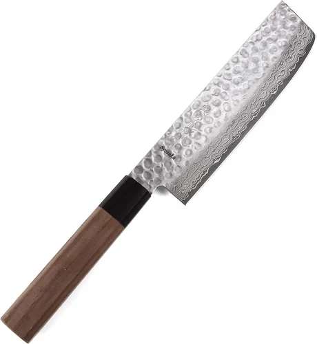 Vista 19 de Cuchillo japonés martillado Damasco VG-10 46 capas de mango de madera de magnolia octogonal, 6 pulgadas (5.906 in)