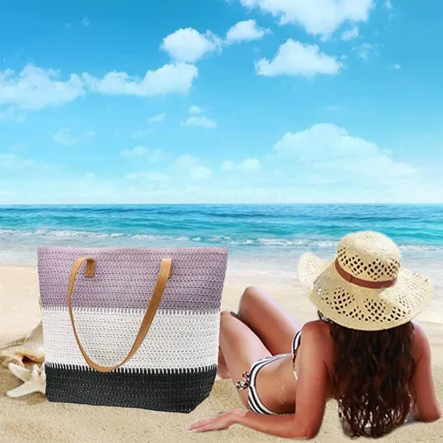 Vista 97 de Bolso grande de paja para mujer, tejido de ratán, bolso de playa de verano, a rayas