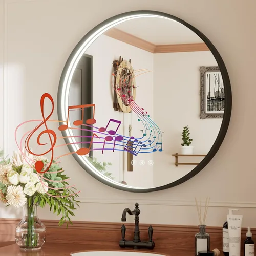 Vista 9 de Espejo de baño LED redondo Bluetooth dual de 20 pulgadas con antivaho Black Frame Circle Vanity Mirror with Lights, 3000K/4500K/6000K, Adjustable