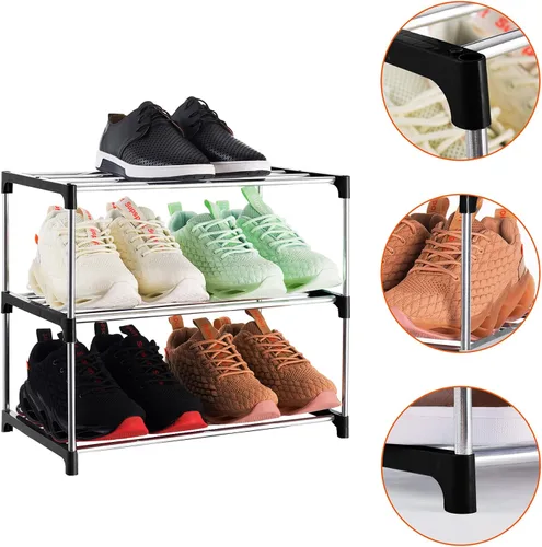 Vista 5 de Estante de zapatos pequeño apilable de 3 niveles, organizador de almacenamiento ligero para entrada, pasillo y armario (negro)
