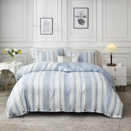 Vista 10 de MUKKA - Funda de edredón de microfibra con botones, lino jaspeado tipo Chambray, estilo moderno, suave, con cierre de botones de coco