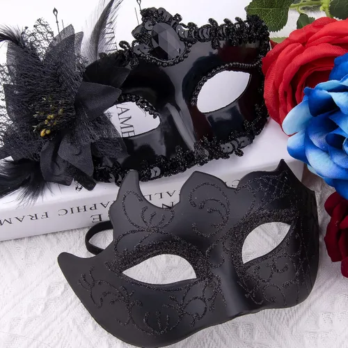 Vista 4 de SIQUK Juego de máscaras para parejas, máscara veneciana, máscara de plástico para disfraz de Halloween, máscara de Mardi Gras para mujeres y hombres