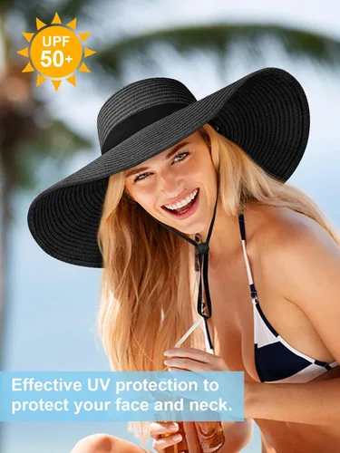Vista 5 de Sombreros de sol para mujer, de gran tamaño, de ala ancha, sombrero de playa, con protección UV, plegable, enrollable, para viajes, vacaciones