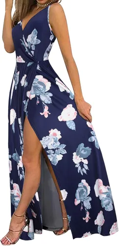 Vista 2 de II ININ - Vestido casual para mujer veraniego con cuello en V profundo estampado floral o color liso vestido largo con abertura para fiesta