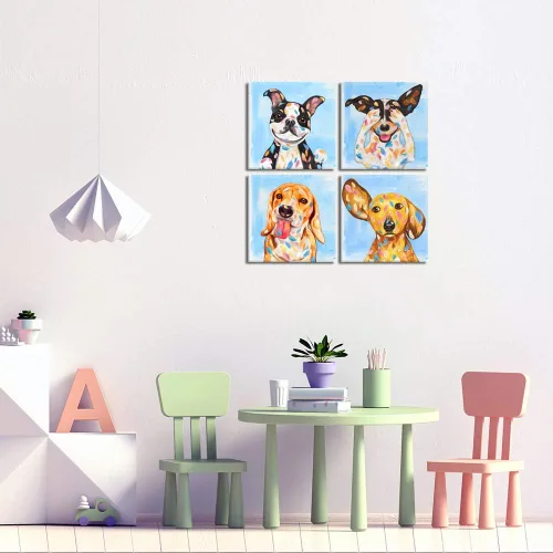 Vista 2 de KLVOS Obra de arte abstracta de cachorros, pintura de perros, imágenes divertidas de animales, decoración de pared, impresión en lienzo, galería