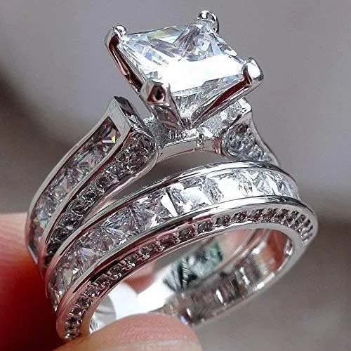 Vista 2 de Luxury and Shining - Juego de anillos de compromiso 2 en 1 para mujer, diseño vintage de diamantes blancos y plata