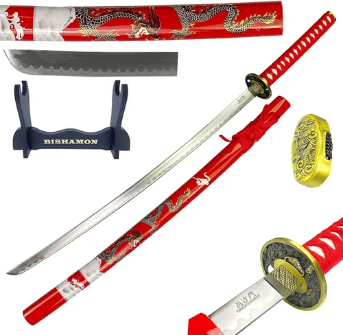 Vista 8 de Bishamon 42 1/2" Samurai Sword Carbon Blade Dragon Scabbard Comes with a Wooden Stand
