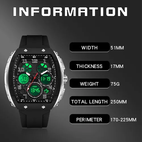 Vista 8 de Relojes para hombre, únicos rectángulos, reloj de pulsera blanco con pantalla digital analógica de doble hora, cronómetro de cuenta regresiva