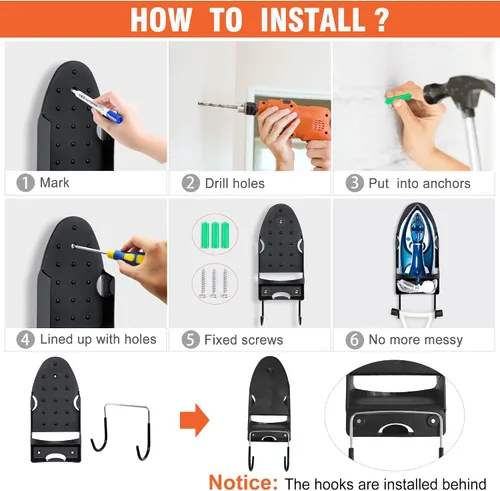 Vista 7 de Pensino Colgador de Tabla de Planchar para Montaje en Pared Soporte de Plancha Resistente al Calor con Estante para Tabla de Planchar para Máximo 5