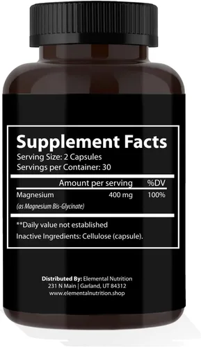 Vista 3 de Glicinato de magnesio - 400 mg por cápsula, magnesio puro con tamaño de porción 2, porción por recipiente 30, complejo con glicina para una máxima