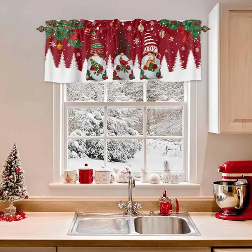 Vista 13 de Cenefa de muñeco de nieve de Navidad para ventanas de cocina, cenefas de invierno con bolsillo para barra, cortinas cortas, copos de nieve, bayas