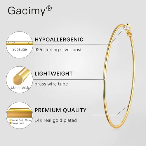 Vista 2 de Gacimy Gold Hoop Earrings for Women 14K Gold Plated, 925 Sterling Silver Post Hypoallergenic Earrings Hoops for Women