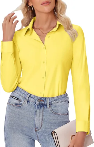 Vista 16 de siliteelon Camisas con botones para mujer, ajustadas, de manga larga, elásticas, de vestir, camisas de trabajo, sin arrugas, blusas de oficina