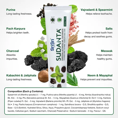 Vista 5 de Sri Sri Tattva Sudanta - Pasta de dientes de carbón - SLS, pasta de dientes herbales sin flúor con neem y hierbas ayurvédicas, blanqueamiento dental