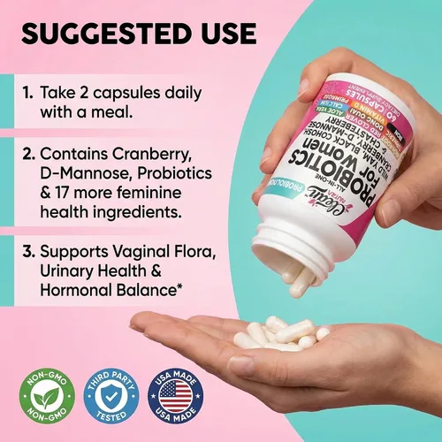 Vista 13 de Clean Nutraceuticals Probióticos para mujeres con D manosa, extracto de arándano, ñame silvestre, chasteberry – 20 cepas probióticas y prebióticas