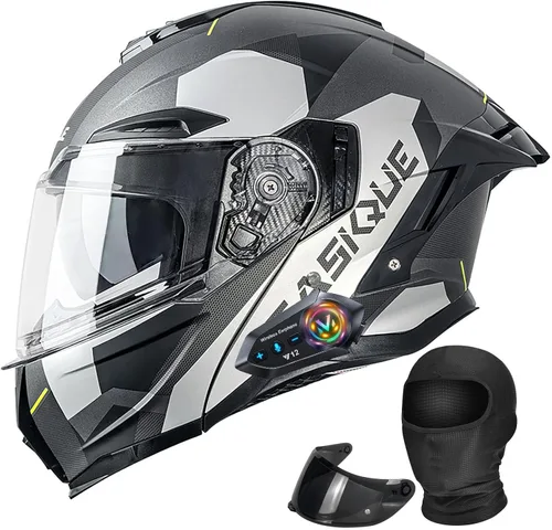 Vista 9 de Casco modular de motocicleta Bluetooth con doble visera antivaho multiventilación, diseño de cara completa, certificado ECE 22.06, forro extraíble G