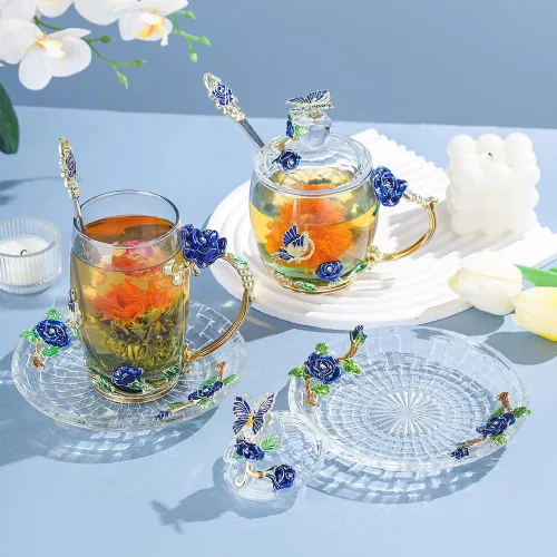 Vista 4 de Taza de café de vidrio, regalo de cumpleaños y Navidad para mujeres, mamá, hermana, novia, compañera de trabajo, taza de té de flores y mariposas