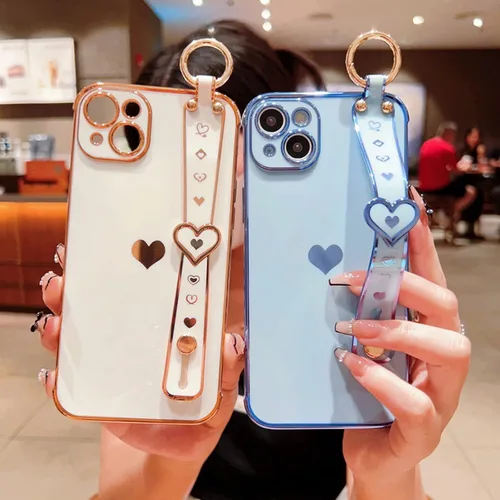 Vista 6 de Lindo corazón de amor para niñas mujeres lujo chapado borde parachoques suave TPU a prueba de golpes caso con soporte de pulsera para iPhone Negro