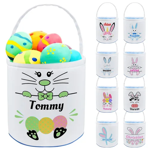 Vista 14 de Cesta de Pascua personalizada con nombre, bolsas de lona personalizadas para niños, cestas de Pascua para bebés, niños y niñas, color azul