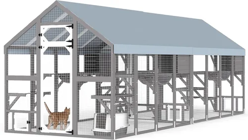 Vista 12 de Gowoodhut Recinto Exterior para Gatos Catio de 69.9"L para Múltiples Gatos, Refugio de Madera Walk In para Gatos con 2 Cajas de Descanso, 6