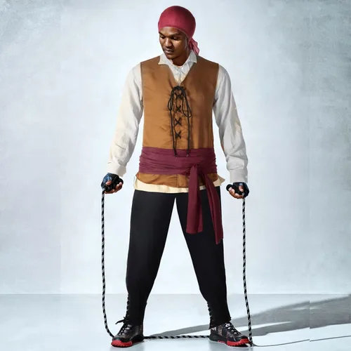 Vista 7 de Capoda Disfraz de pirata para adulto, 5 unidades, camisa vikinga medieval, pantalones de pirata, bandana, cinturón para Halloween, fiesta de cosplay