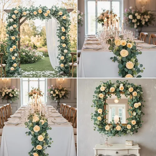 Vista 6 de Guirnalda de flores artificiales de seda de 6 pies con hojas de eucalipto, guirnaldas florales de imitación para boda, arco, puerta, colgar