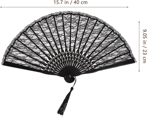 Vista 2 de Lurrose Abanico de mano de encaje elegante negro plegable bordado a mano patrón de flores para bodas, fiestas y eventos de disfraces desplegados