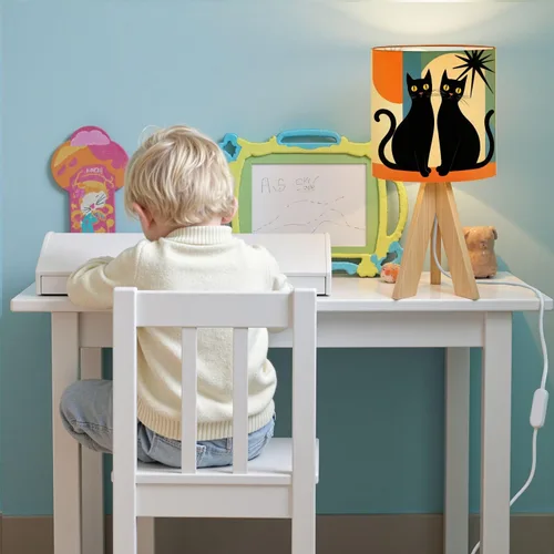 Vista 7 de Tripod Table Lamp Mid Century Modern Black Cat Retro Atomic Halloween Bedside Lamps Small Lamp Nightstand Lamp with Linen Lampshade Table Lamps for