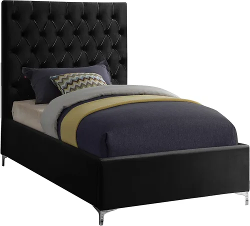 Vista 4 de Meridian Furniture Colección moderna Cruz Cama tapizada de terciopelo contemporánea con acolchonamiento de botones profundos y juegos completos