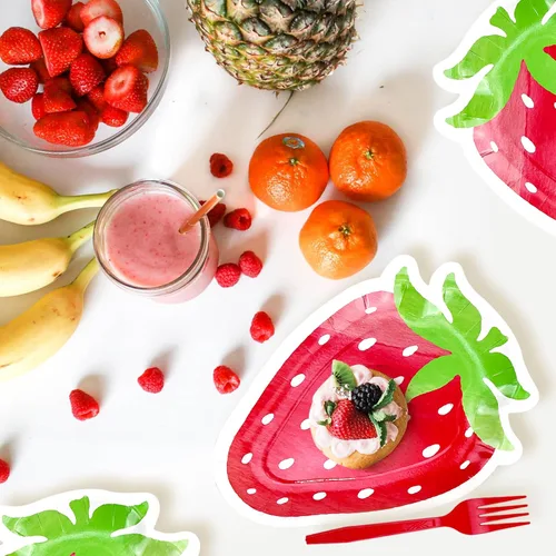 Vista 3 de Platos en forma de fresa, delicados y encantadores, decoraciones de fiesta de fresa adecuadas para fiestas, cumpleaños de bebé (24 juegos)
