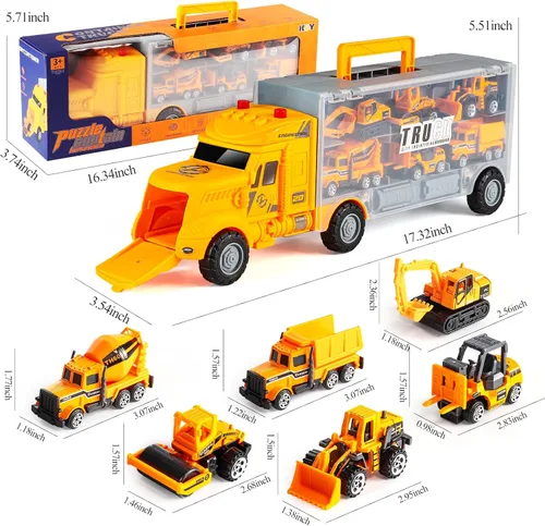 Vista 2 de Juego de juguetes de construcción amarillos 18 en 1 con alfombra de juego, camión transportador de automóvil de juguete para niños de 3 años, camión