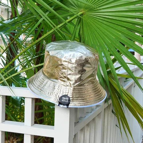 Vista 4 de Sombrero de pescador iluminado de piel sintética, accesorio rave, traje de festival de neón, sombrero de cubo reversible con LED para hombres