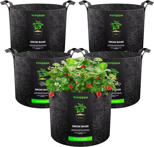 Vista 13 de VIVOSUN - Paquete de 5, 1 galón, bolsas para cultivar de tela no tejida gruesa resistente con asas Negro