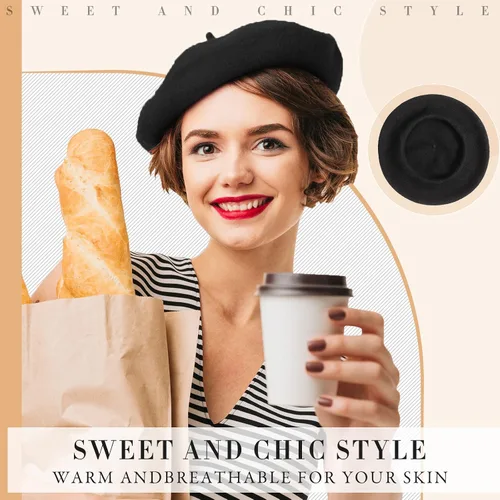 Vista 6 de 15 piezas de boina de lana para mujer, boina francesa de lana, boina de artista, gorra de invierno de color sólido para mujeres y niñas (negro)