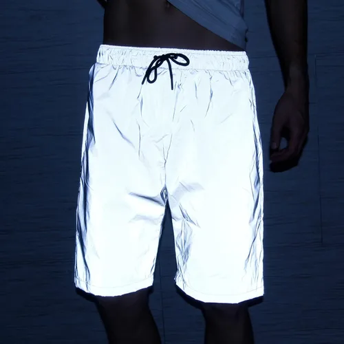 Vista 3 de Akkad Kuti Pantalones cortos reflectantes para hombre, pantalones cortos con cordón para correr y correr con luces fluorescentes