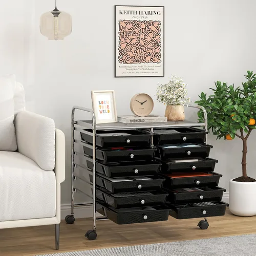 Vista 2 de Giantex Carrito con ruedas de 12 cajones, carrito de almacenamiento móvil con cajones, carrito organizador de aula para suministros escolares