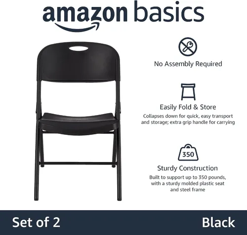 Vista 4 de Amazon Basics Silla Plegable Portátil Resistente de Plástico Plegable, Capacidad de 350 Libras, Negro, Paquete de 2