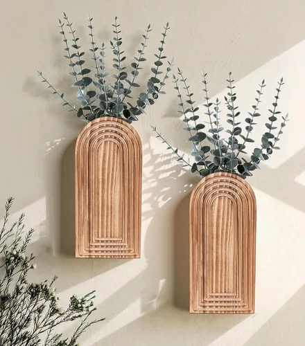 Vista 9 de DREAMLOOM Paquete de 2 jarrones de pared de madera con plantas artificiales de eucalipto, macetas para colgar en la pared, estilo bohemio y moderno