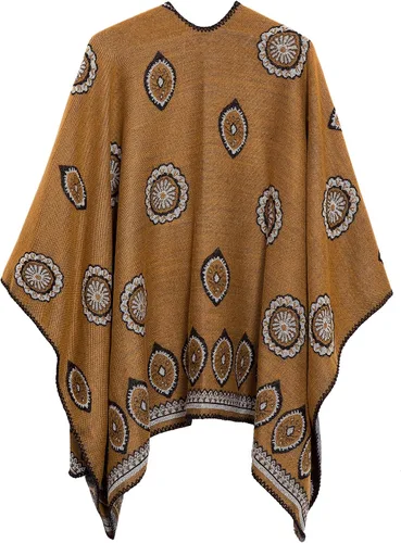 Vista 2 de Chal estilo poncho con frente abierto con patrón vintage, capa para mujer