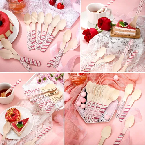 Vista 6 de Eaasty 100 cucharas de madera de chocolate caliente para el día de San Valentín, malvavisco, barra romántica de madera, cucharas agitadoras