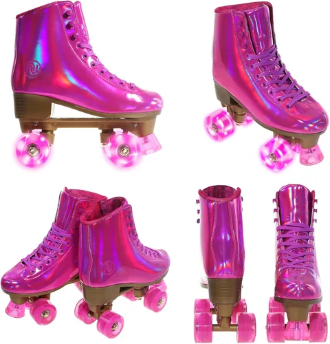 Vista 3 de JajaHoho Patines de ruedas para mujer, piel sintética holográfica magenta de alta calidad, patines de doble fila brillantes con cuatro ruedas rosa