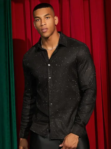 Vista 4 de WDIRARA Camisa de manga larga con botones de purpurina transparente para hombre