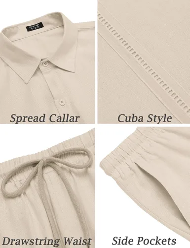 Vista 5 de COOFANDY Conjunto de 2 piezas de lino para hombre camisa con botones y pantalones cortos