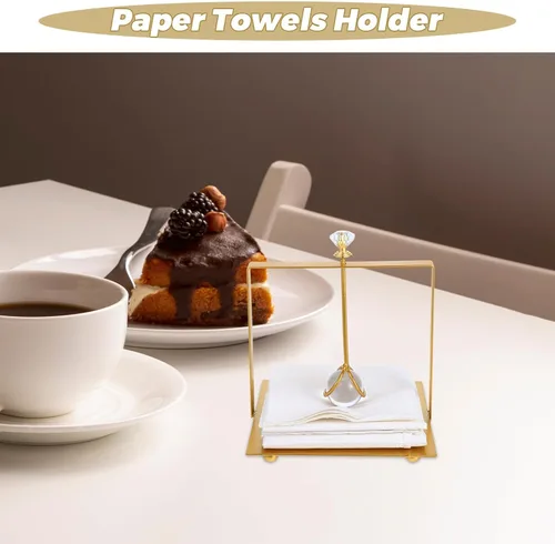 Vista 8 de Wakauto Metal Napkin Holder with Handle, Gold Rustic Paper Towel Stand for Dining Table and Kitchen, Farmhouse Style Decorative Flat Tissue Holder