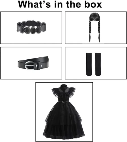 Vista 5 de VALOZENC Wednesday Addams Costume Dress For Girls Kids Cosplay Addams Dress Up Halloween Costume With Wigs Belt 3-12Y