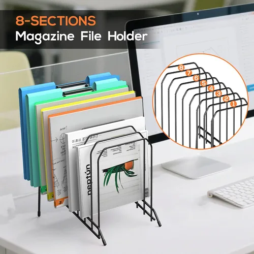Vista 3 de Organizador de archivos de escritorio con clasificación inclinada, soporte de metal para carpetas de revistas con compartimentos verticales de 8